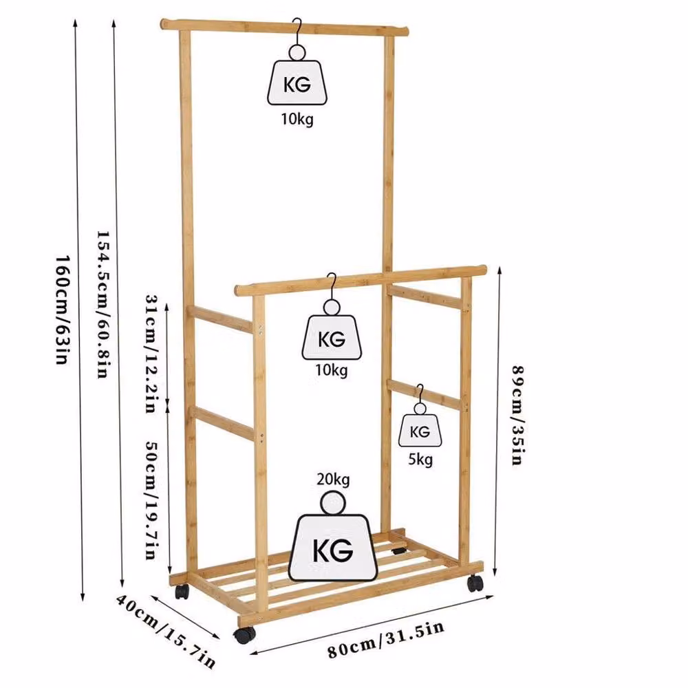 Havendro Rolling Bamboo Open Clothes Rack in Natural, W/D/H: 160 x 40 x 40 cm – 2