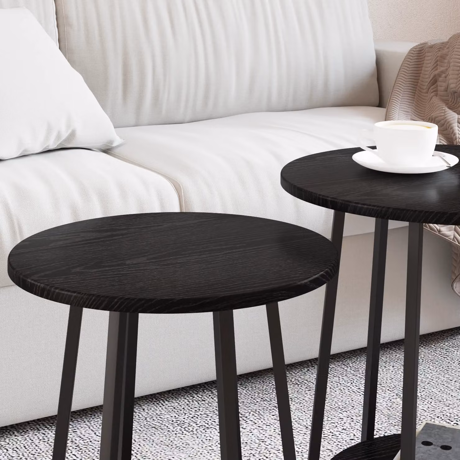 Berkfield Home Set of 2 Modern Round Side Tables in Black Oak and Metal – 3