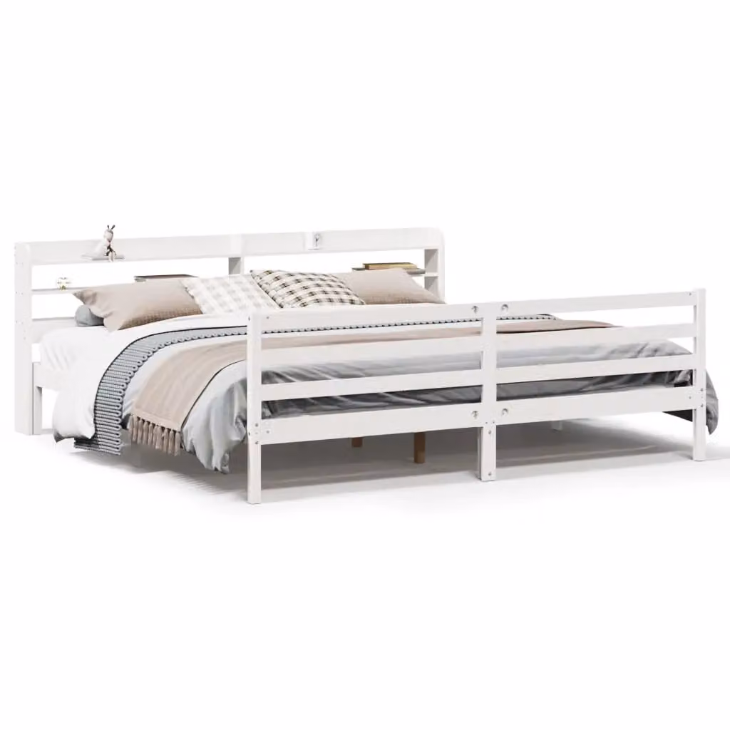 Berkfield Home Super King Bed Frame with Headboard and Side Compartments in White Rustic Pine Wood, W/D/H: 180 x 200 cm – 2