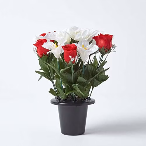 Homescapes Set of 2 Red and White Mixed Artificial Flowers with Black Pots for Condolence and Grave Decoration, Height: 30 cm – 2