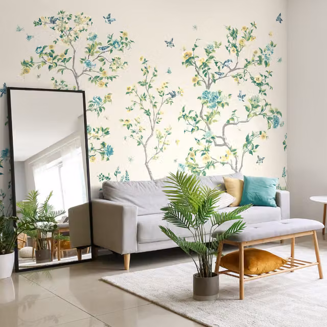 Origin Murals Oriental Floral Flower Tree Wall Mural in Yellow and Multicolour