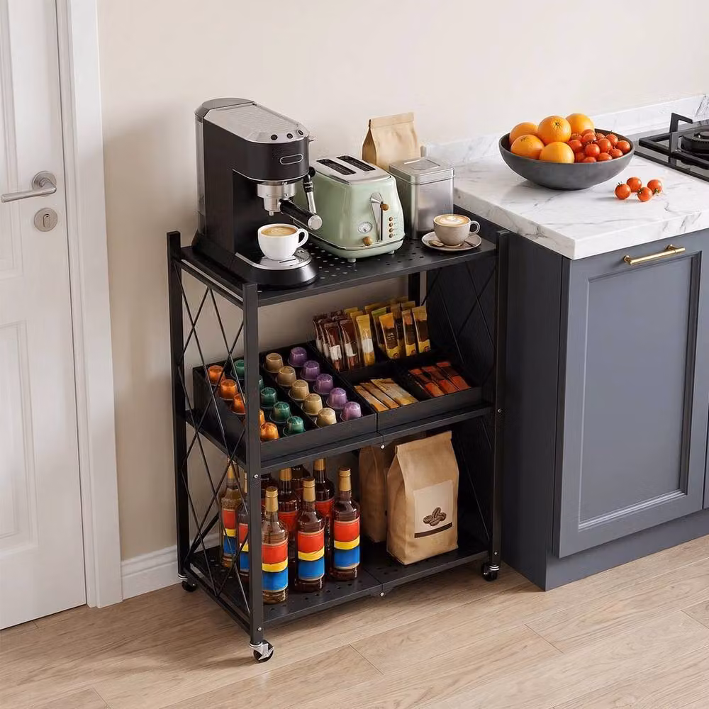 FORGEVIO Black 3-Tier Folding Metal Kitchen Storage Shelf – 4