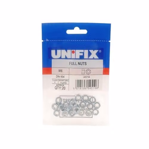 Unifix M16 x 2.00 Hex Steel Nuts, Bright Zinc Plated Silver, Box of 20