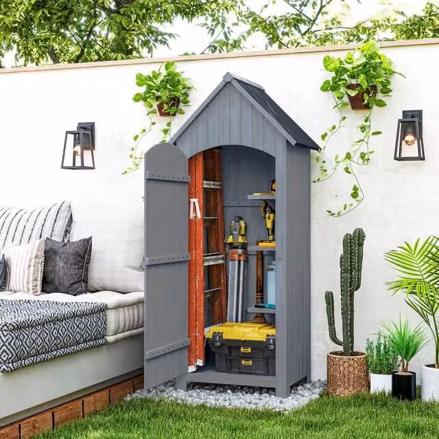 OUTSUNNY Grey Wooden Small Garden Shed with 3 Shelves and Single Door, W/D/H: 179.5 x 48 x 52 cm – 1