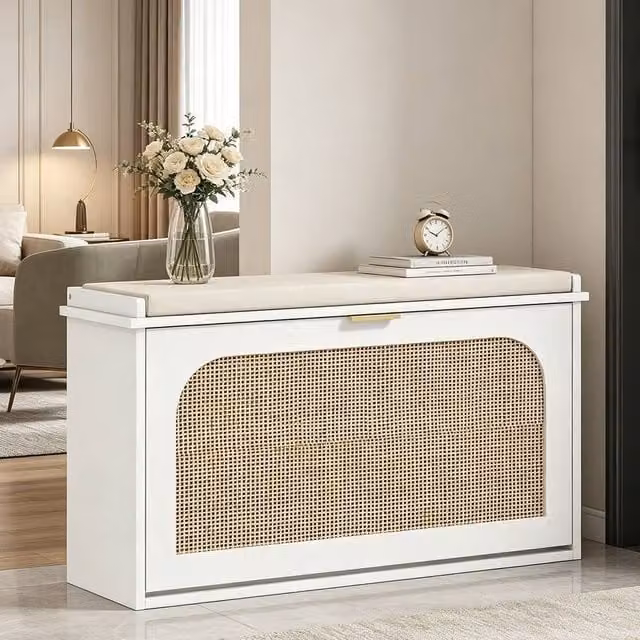 ERGOVEXA Boho Shoe Storage Bench with Padded Fabric Seat and Rattan Flip Drawer, White