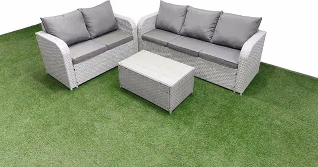 Fimous 5 Seater PE Rattan Wicker Garden Furniture Set in Light Grey with 3 Seater Sofa, Love Sofa and Rectangular Coffee Table