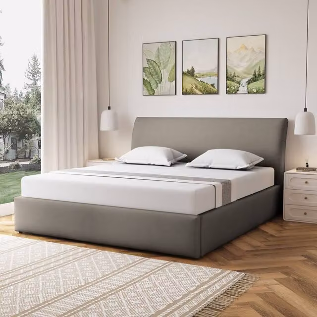 Artemis Home Bethany Upholstered Fabric Super King Ottoman Bed Frame with Storage in Light Brown