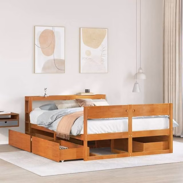 Berkfield Home Rustic Waxed Pine Double Bed Frame in Brown, W/D/H: 135 x 190 cm