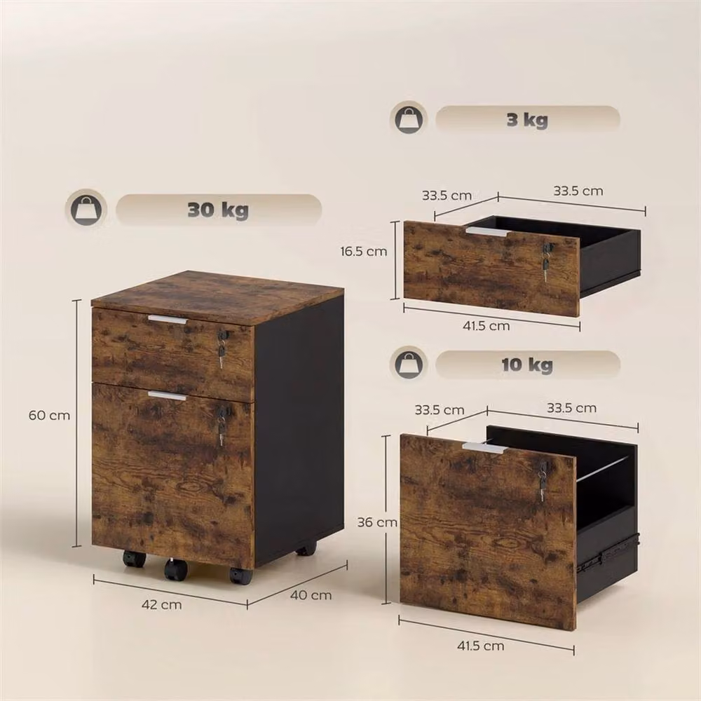 Nordara 2 Drawer Filing Cabinet in Brown with Adjustable Hanging Bars, W/D/H: 40 x 40 x 60 cm – 2