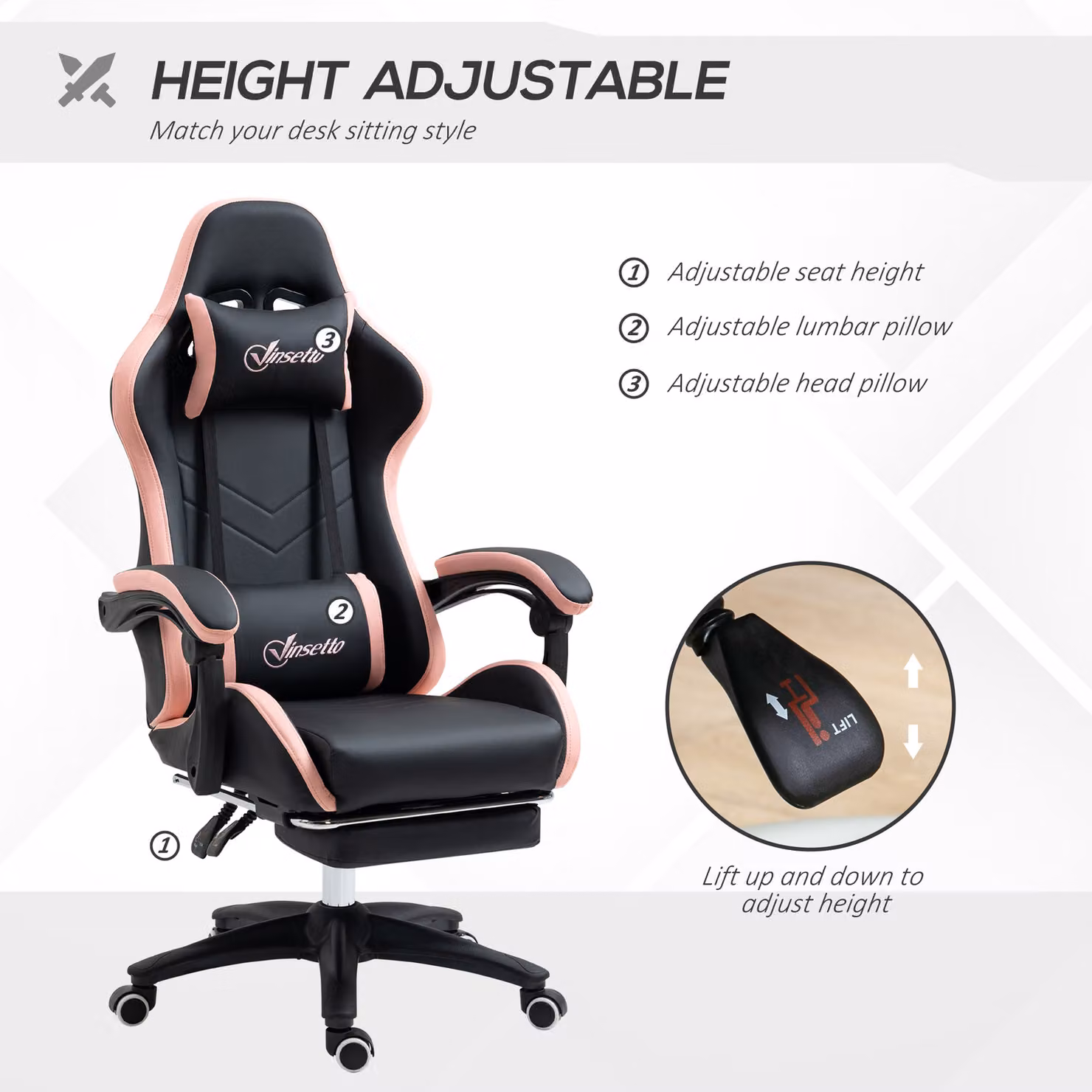 Vinsetto Gaming Chair in Black, Pink and White with Synthetic Leather, Headrest and Footrest – 4