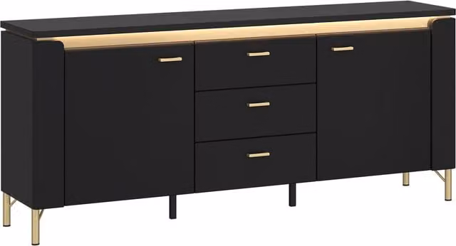 Furniture To Go Genoa Modern TV Cabinet with 2 Doors, 3 Soft-Close Drawers and Integrated Lighting in Black Matt and Gold, Width: 155 cm