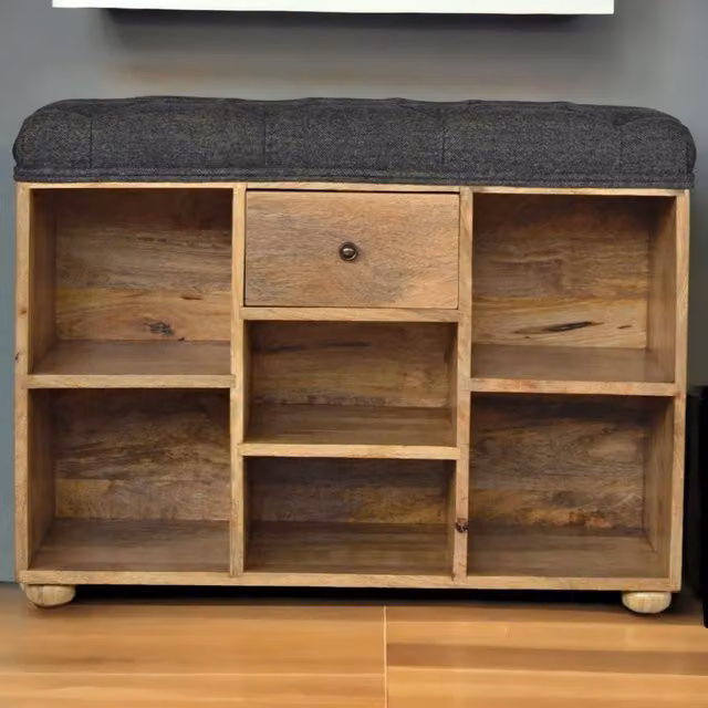 Artisan Furniture Mango Wood 1 Drawer Shoe Rack Bench with Black Tweed Upholstery in Brown