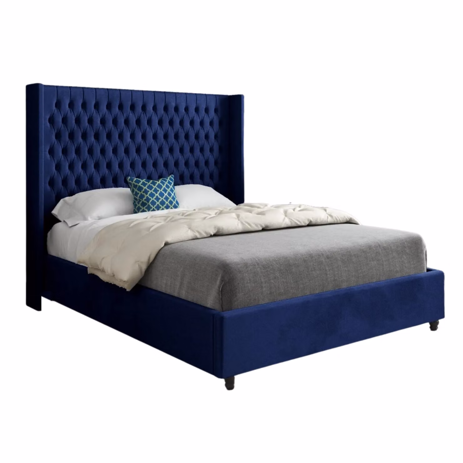 Casani Volta Straight Winged Upholstered Velvet Bed Frame in Blue, W/D/H: 137 x 128 x 200 cm – 5