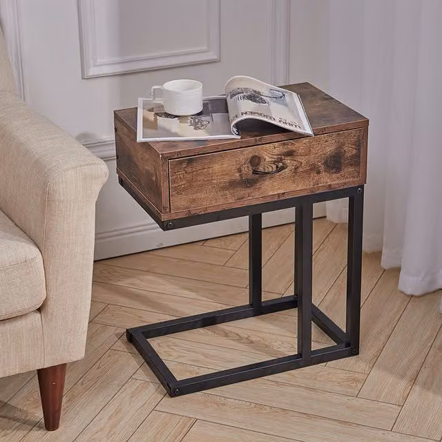 Livingandhome Industrial Metal and Wood Rustic Side Table with Drawer in Brown
