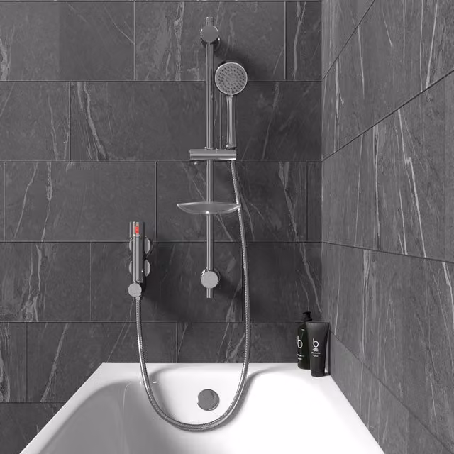 Nes Home Mini Vertical Thermostatic Shower Mixer Valve with Slider Rail, Handset and Hose in Silver