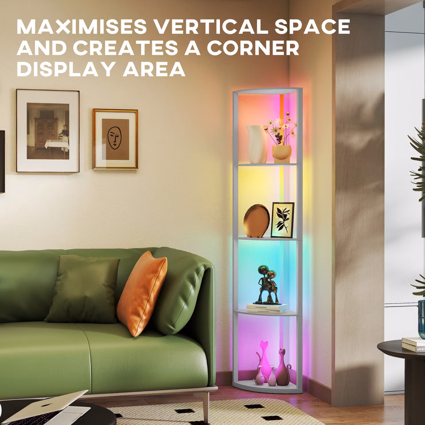 HOMCOM RGB LED Floor Lamp with 5-Tier Shelving, Dimmable Standing Lamp with Remote Control, Modern Grey Corner Display Unit – 4