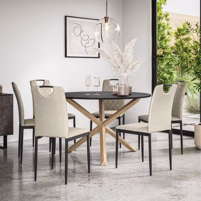 More4Homes Malvern Round Black Dining Table Set with Solid Oak Legs and 6 Beige Monza Linen Chairs, Diameter: 120 cm, Height: 75 cm