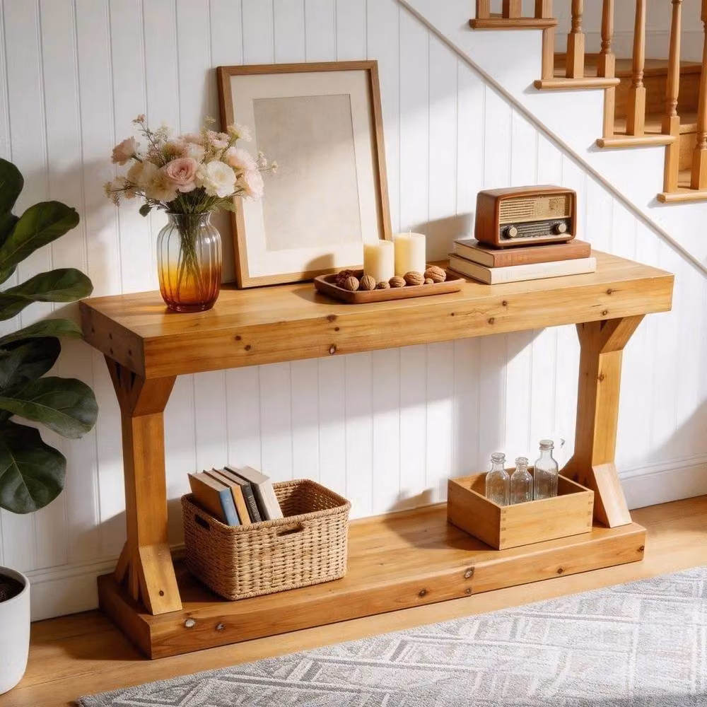VOGREX Vintage Solid Wood Trestle Console Table in Brown – 3