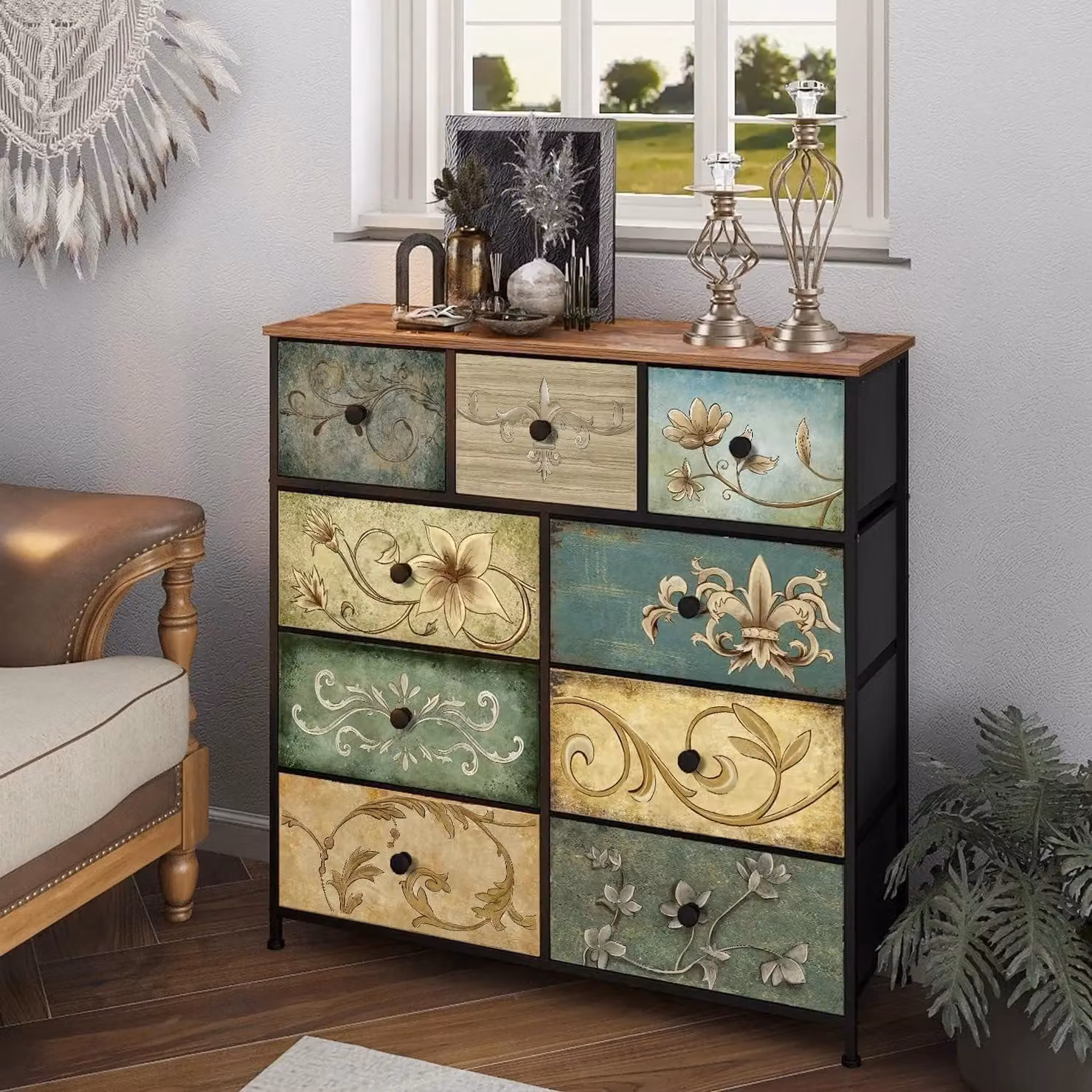 FURNOS 9 Fabric Drawer Bedroom Dresser with Vintage Floral Patterns in Brown and Multicolour – 2
