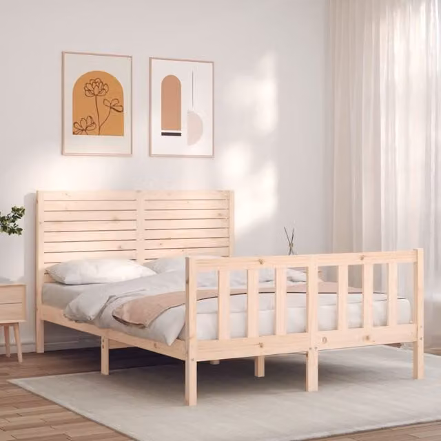 Berkfield Home Solid Wood Bed Frame with Headboard in Brown, W: 140 cm, L: 200 cm