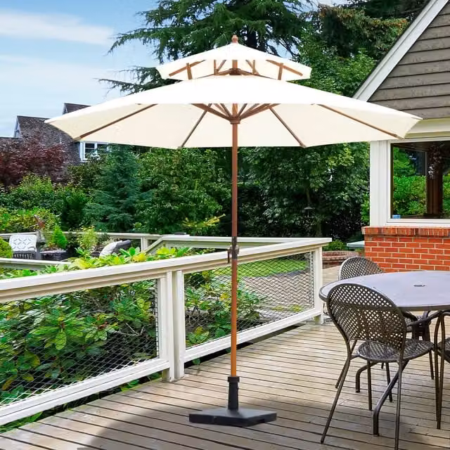 Outsunny 2.7m Double Tier Wooden Parasol in Beige and Teak with Polyester Canopy
