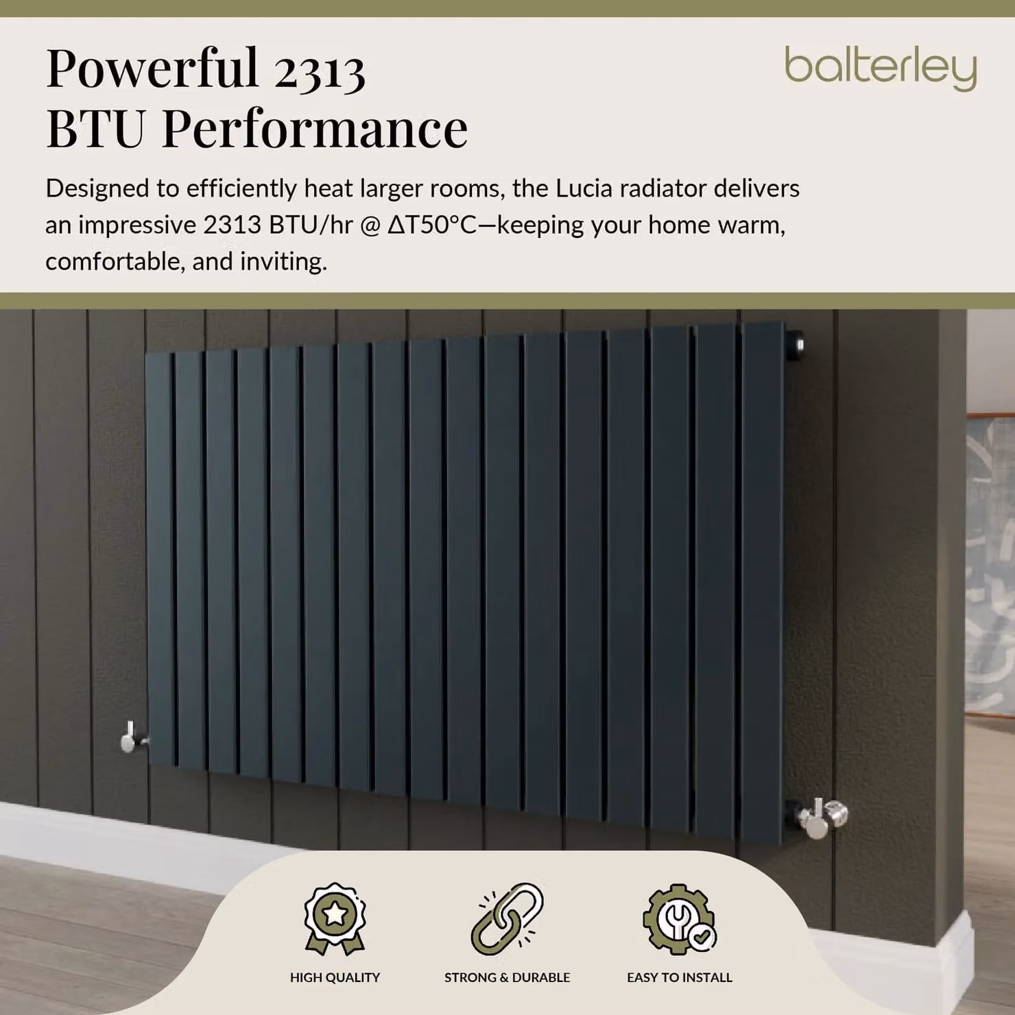 Balterley Lucia Square Horizontal Single Panel Radiator, Anthracite Grey, W: 99.2 cm, H: 60 cm – 2