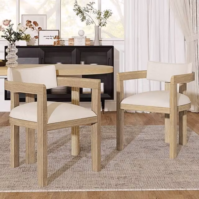 Rolipo Scandinavian Style Dining Chair in Beige Fabric and Untreated Wood with Armrests – 1
