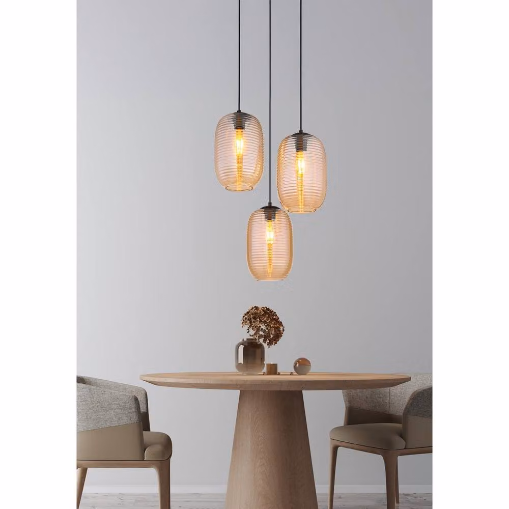 Netlighting Jefrey Cluster Pendant Light with Matt Black Metal and Amber Glass Shades, 3x E27 – 3
