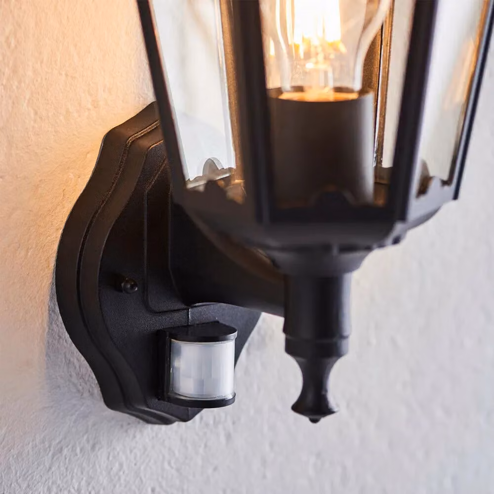 Loops 2 Pack Traditional Outdoor Wall Lanterns in Matt Black and Glass with PIR Motion Sensor, Dusk Sensor and Timer, IP44 Rated, H 23.5 cm x W 13.5 cm x D 13.5 cm – 4