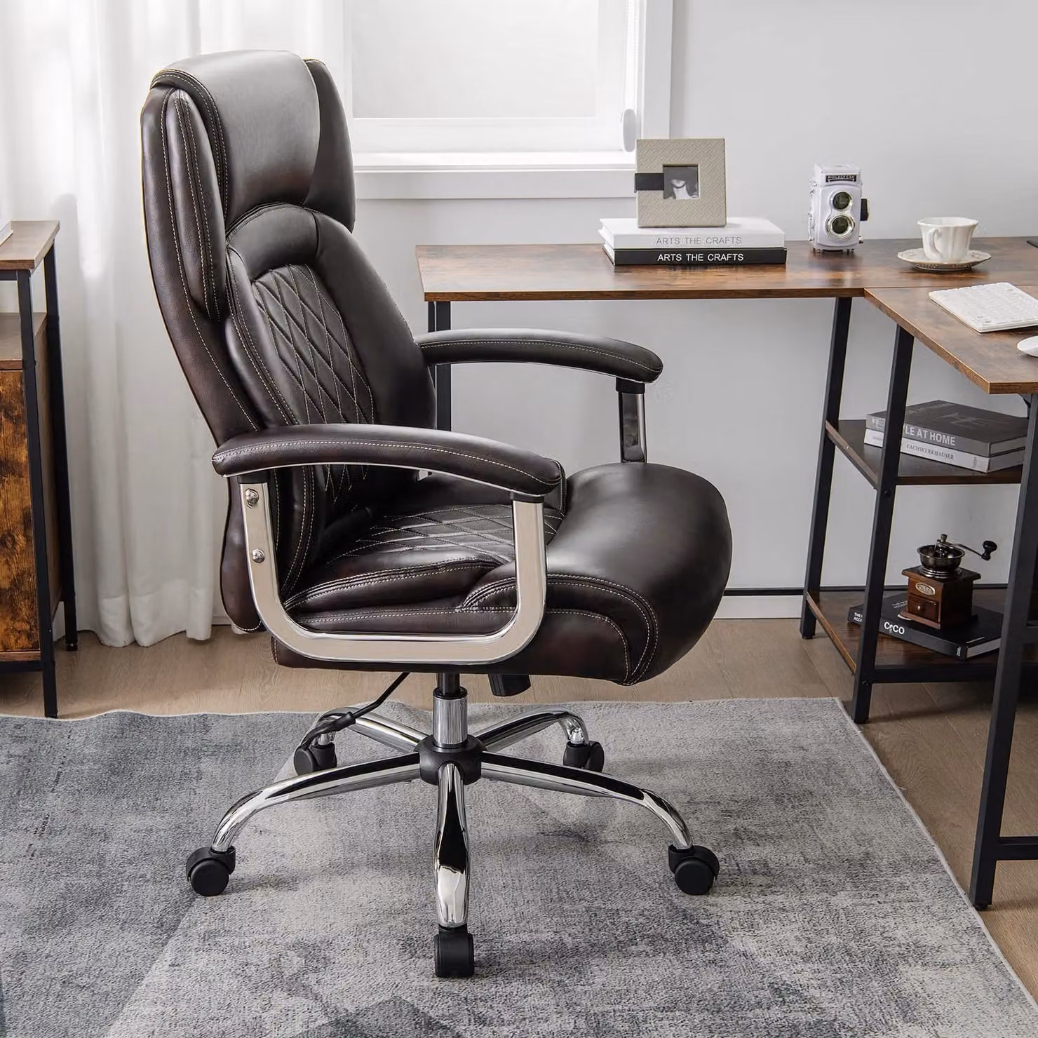 Costway Brown Leather Executive Office Chair with Headrest and Armrests, 227kg Capacity – 6
