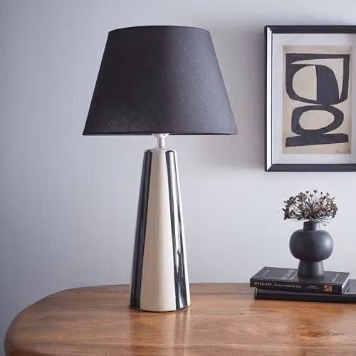 K LIVING Sola Tall Ceramic Striped Table Lamp with Fabric Lampshade in Black