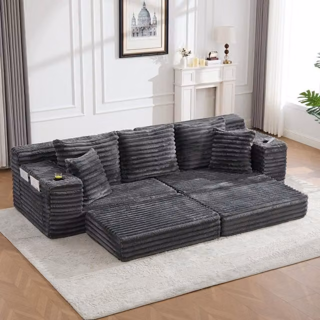 Aosom UK Dark Gray Ribbed Corduroy Convertible Sofa Bed with High Backrest, Extra Pillow and Dual Side Pockets, W/D/H: 38.5 x 107.5 x 34 cm
