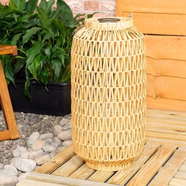 FORGEVIO Solar Powered Natural Rope Lantern Floor Lamp in Brown Rattan for Garden and Indoor Use