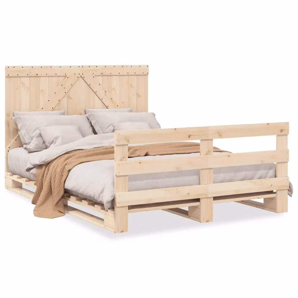 Berkfield Home Solid Wood Pine Bed Frame with Headboard in Brown, W/D/H: 140 x 200 cm – 2