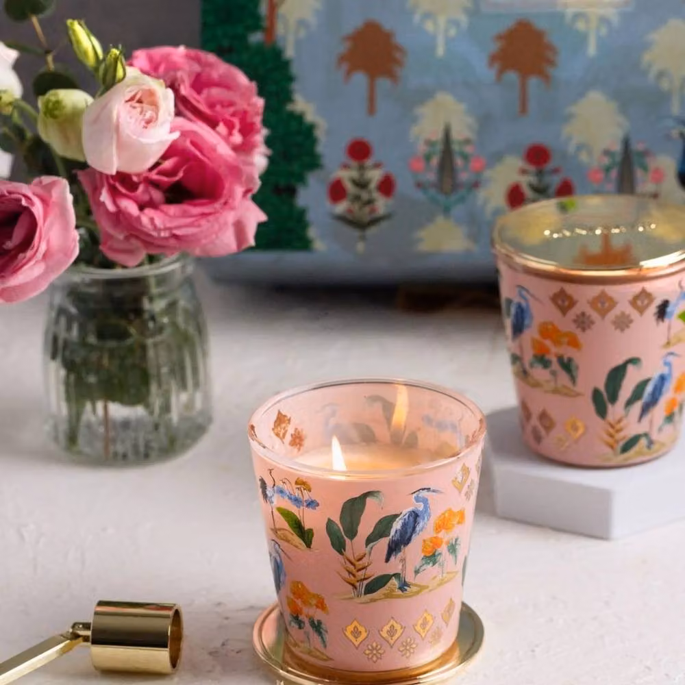 Candle Up Gulabi Pink Soy Wax Votive Candle with Floral and Woody Scent in a Multicolour Gold Glass Container – 2