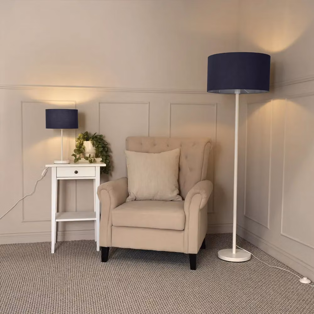 ValueLights White Metal Single Stem Floor Lamp with Blue Fabric Drum Shade – 3