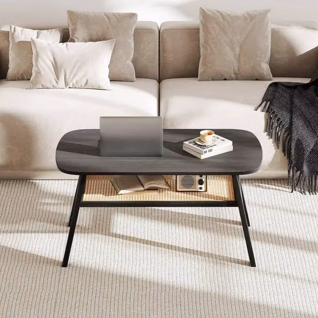 KORVIXA 2-Tier Rectangular Coffee Table in Grey Rustic Rubberwood W/D/H: 100 x 100 x 45 cm