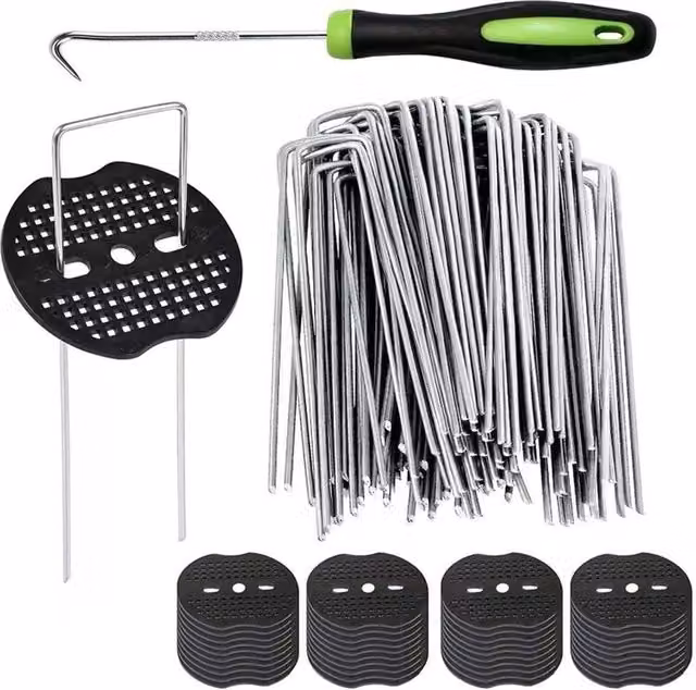 KORVIXA 100 Weed Control Mat Membrane Pegs with Buffer Washer Pegs in Silver