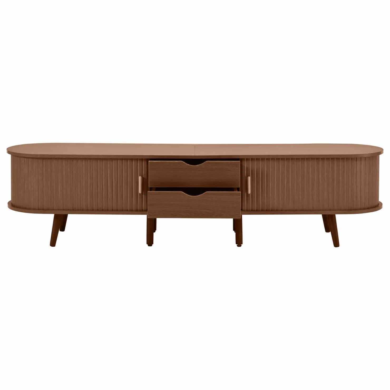 Aosom UK Modern Oval TV Unit in Oak with 2 Sliding Doors and 2-Tier Storage Shelves, W/D/H: 175 x 40 x 42 cm – 2