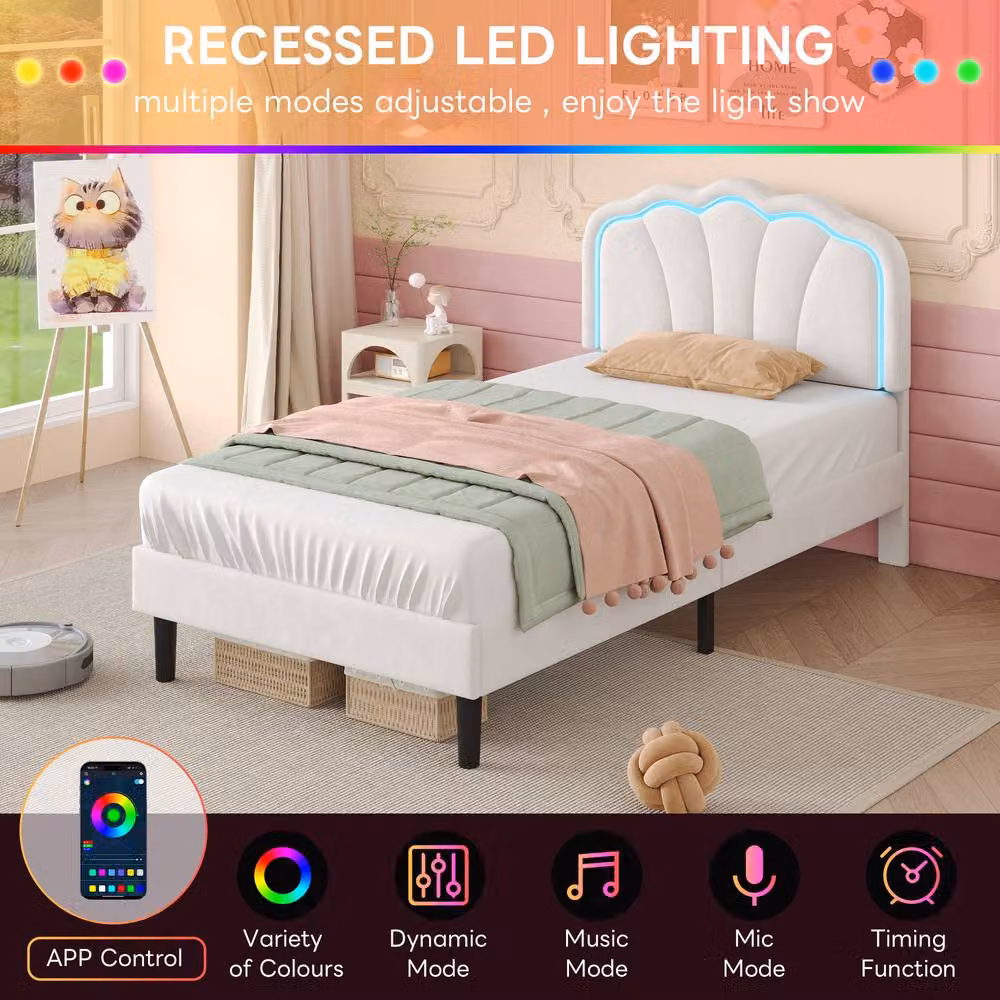 Merax White Velvet Single Bed with LED Under-Bed Lighting and Adjustable Headboard, W/D/H: 90 x 190 cm – 3