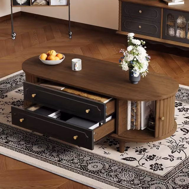 Aosom UK Minimalist Walnut Living Room Coffee Table with 2 Drawers and Roll-Up Door, W: 100 cm, D: 50 cm, H: 36 cm