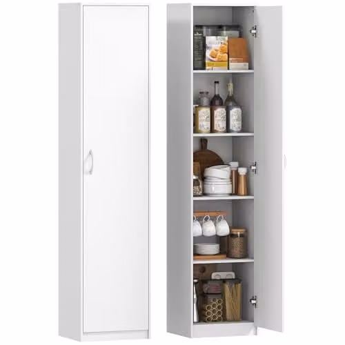 HOMCOM White 5-Tier Tall Kitchen Pantry Storage Cabinet with Soft-Close Hinged Doors, H 180 x W 35 x D 40 cm