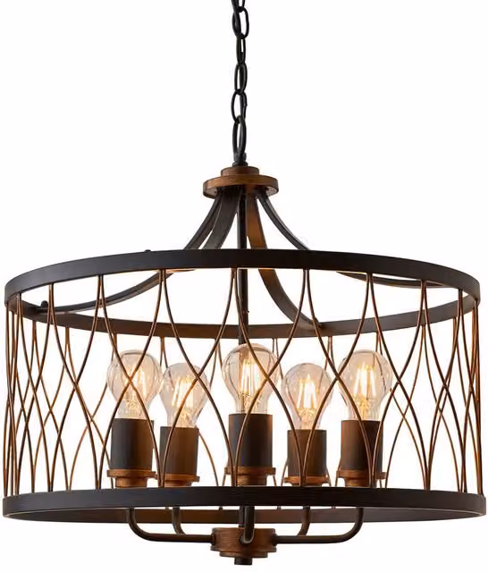 Endon Heston 5 Light Cylindrical Industrial Pendant Ceiling Light in Matt Black and Bronze Effect with E27 Metal Finish