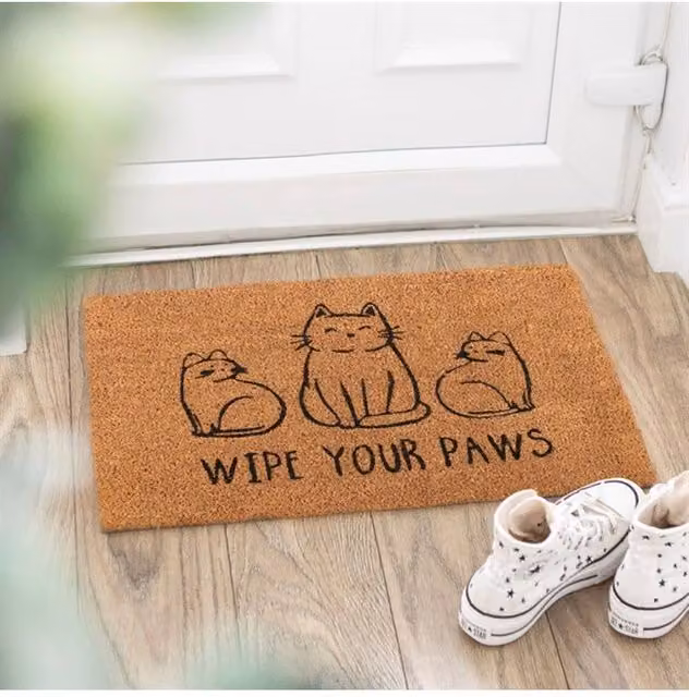 KDMD Natural Coir Cat Doormat in Brown with Wipe Your Paws Graphic