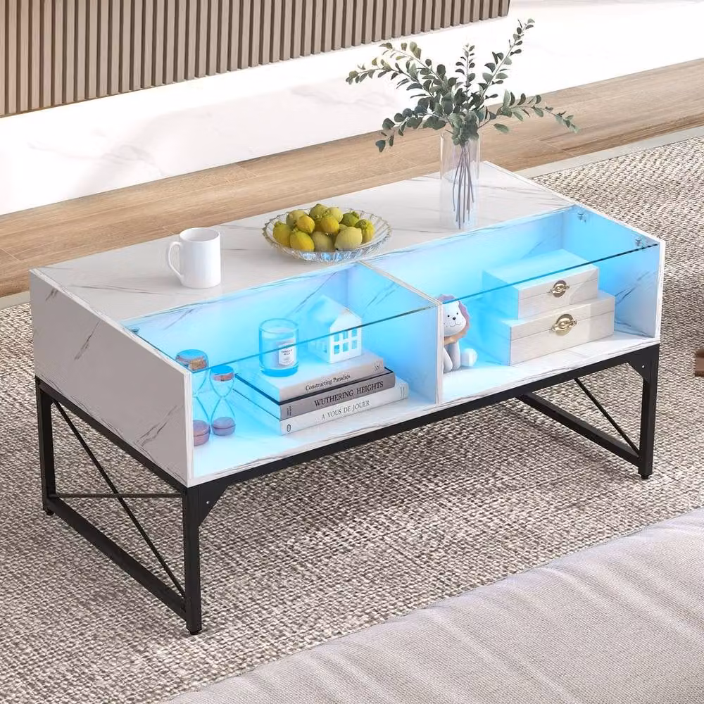 Costway Modern High-Gloss LED Coffee Table with Glass Top in White – 6