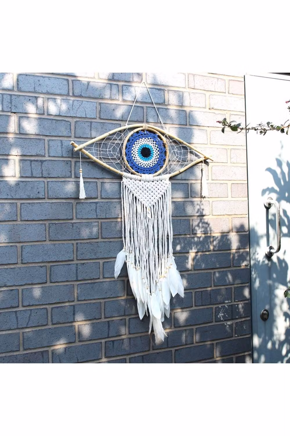 KDMD Large Macrame Evil Eye Dream Catcher in Brown and White with Geometric Rattan Design – 1