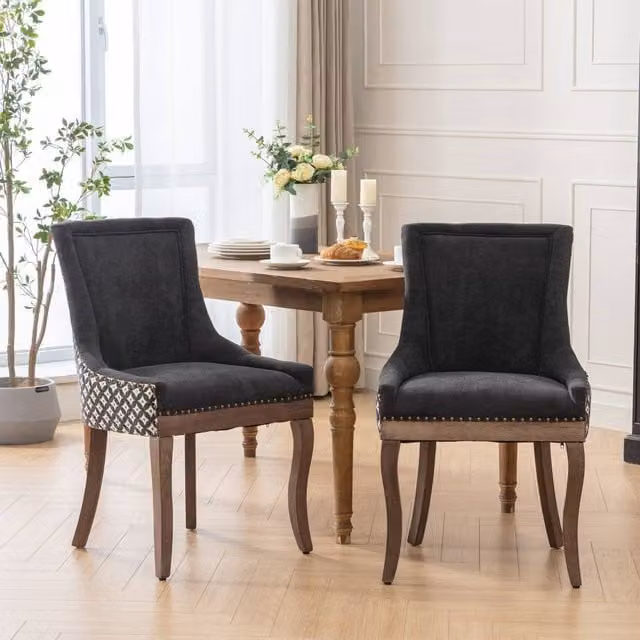 Modern Home Touch Bewley Set of 2 Vintage Linen Upholstered Kitchen Dining Chairs with Oak Wood Legs in Beige and Black