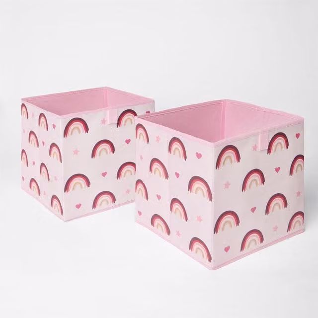 OHS Pack of 2 Foldable Rainbow Storage Boxes in Pink and Multicolour Fabric and Wood