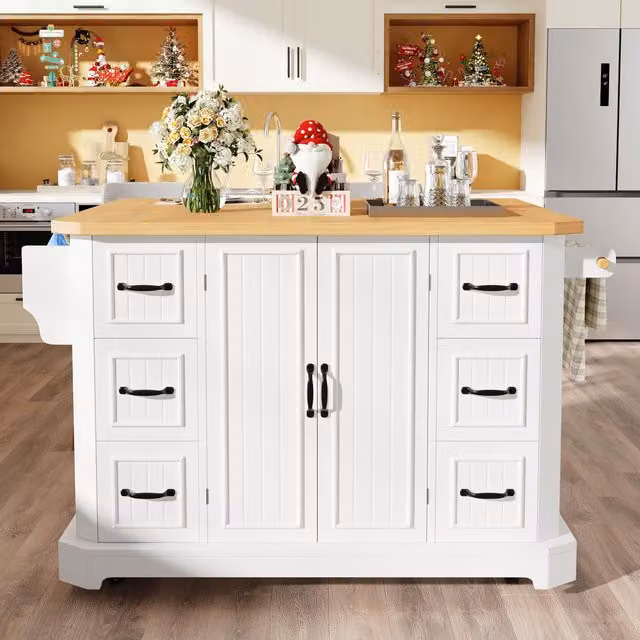 Aosom UK Mobile Kitchen Island with 2 Doors, 6 Drawers and Wood-Effect Worktop in White, W: 120 cm, D: 45 cm, H: 91 cm – 1