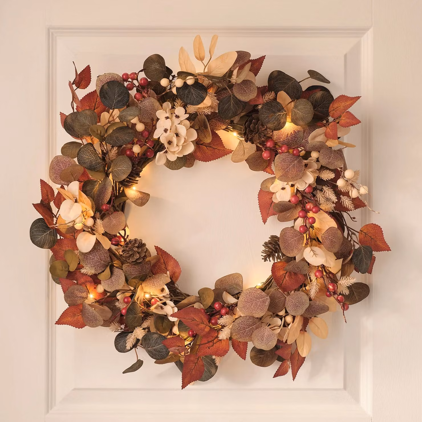 Lights4fun Berry Harvest Autumn Wreath with White and Multicolour Pre-Lit Lights, Diameter: 35 cm – 1